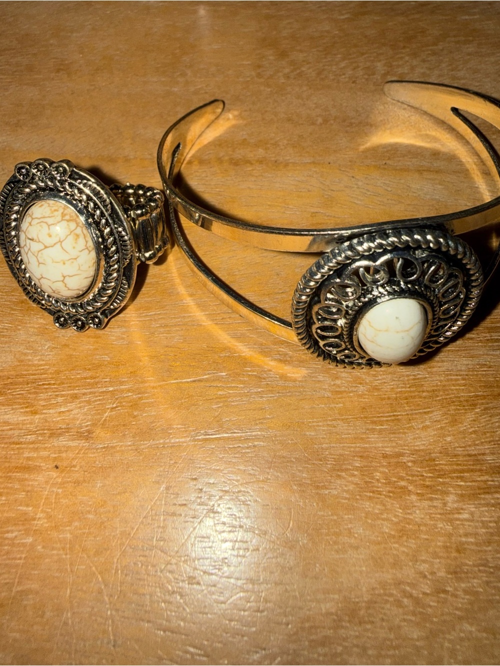 Silver-Tone Cuff Bracelet and Matching Ring with Cream Stone Jewelry Set